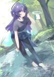  1girl absurdres bangs barefoot blue_archive blush clothes_around_waist day denim drone full_body grey_shirt halo hand_in_own_hair highres holding jeans long_hair looking_at_viewer outdoors pants parted_bangs prossss purple_eyes purple_hair shirt shirt_around_waist sidelocks star_sticker sticker_on_face t-shirt two_side_up wading water waves yuuka_(blue_archive) 