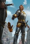  armor beard bird blonde_hair blue_sky building cloud cloudy_sky dove dueling_gauntlet european_architecture european_clothes facial_hair gwent_(game) highres holding holding_sword holding_weapon multiple_boys multiple_girls mustache non-web_source outdoors short_hair sky sword the_witcher_(series) weapon white_dove 