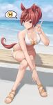 1girl absurdres animal_ears beach bikini blue_sky breasts brown_eyes brown_hair chinese_commentary cleavage cloud commentary day feet highres horizon horse_ears horse_girl horse_tail index_finger_raised legs medium_breasts medium_hair nice_nature_(umamusume) no_symbol ocean outdoors ponytail sandals sitting sky solo speech_bubble swimsuit tail toeless_footwear toenails toes umamusume white_bikini wutou_qishi_bamamei 