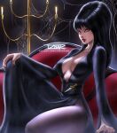  1girl black_dress black_hair black_nails breasts candle candlestand cleavage couch dress elvira elvira:_mistress_of_the_dark izhardraws long_hair looking_at_viewer purple_eyes silk sitting small_breasts spider_web 