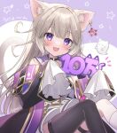  1girl absurdres animal_ears bangs blush cat_ears cat_girl cat_tail commentary_request grey_hair hair_ornament highres long_hair looking_at_viewer neo-porte open_mouth poncho_(31103105) purple_eyes simple_background sitting solo tail thighhighs virtual_youtuber white_background yozuna_niu 