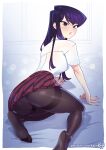  1girl ass bangs blush feet from_behind kajin_(kajinman) komi-san_wa_komyushou_desu komi_shouko long_hair looking_at_viewer looking_back on_bed pantyhose parted_lips pleated_skirt purple_hair red_skirt shirt short_sleeves skirt solo white_shirt 