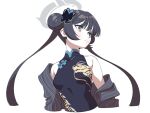  1girl bare_shoulders black_coat black_dress black_hair blue_archive breasts butterfly_hair_ornament china_dress chinese_clothes closed_mouth coat coat_partially_removed commentary cropped_torso double_bun dragon_print dress grey_eyes hair_bun hair_ornament halo kisaki_(blue_archive) komipe512 long_hair medium_breasts open_clothes open_coat simple_background sleeveless sleeveless_dress small_breasts solo striped striped_coat symbol-only_commentary turning_head twintails upper_body white_background 
