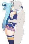  1boy 1girl absurdres aqua_(konosuba) ass bar_censor blue_eyes blue_hair blush breasts censored clothed_female_nude_male detached_sleeves erection faceless faceless_male foreskin hair_ornament hetero highres hug kiss kono_subarashii_sekai_ni_shukufuku_wo! long_hair nude penis photoshop_(medium) ponytail simple_background sleeveless sweat thighhighs unipiano white_background white_thighhighs 