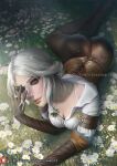  1girl boots breasts brown_gloves brown_pants ciri cleavage daisy elbow_gloves flower gloves green_eyes looking_at_viewer medium_hair olesyaspitz on_grass outdoors pants shirt the_witcher_(series) the_witcher_3 white_flower white_hair white_shirt witcher_medallion 
