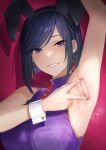  1girl animal_ears arm_up armpits bangs bare_shoulders blush breasts china_dress chinese_clothes dress fake_animal_ears hair_ornament heart highres large_breasts looking_at_viewer original piyosuke_tmg presenting_armpit purple_eyes purple_hair smile solo spread_armpit steam sweat wrist_cuffs 