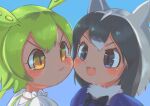  2girls :3 animal_ears blue_background blush bow bowtie cheek-to-cheek close-up commentary common_raccoon_(kemono_friends) fur_collar green_hair green_suspenders grey_eyes grey_hair hair_between_eyes heads_together highres kemono_friends multiple_girls open_mouth orange_eyes osnmykk parted_lips raccoon_ears raccoon_girl shaded_face sidelocks tears trait_connection v-shaped_eyebrows voicevox zundamon 