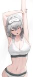  1girl absurdres arms_up bra breasts calvin_klein cleavage green_eyes grey_hair highres holding_own_arm hololive large_breasts medium_hair navel one_eye_closed panties shirogane_noel simple_background sleep_mask solo soriham stomach stretching underwear virtual_youtuber white_background white_bra white_panties wide_hips 