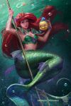  1girl air_bubble ariel_(disney) blue_eyes bra breasts bubble cleavage disney flounder_(the_little_mermaid) freckles green_bra highres holding_trident long_hair looking_at_viewer mermaid monster_girl open_mouth prywinko red_hair small_breasts teeth the_little_mermaid underwater underwear upper_teeth_only 