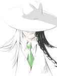  1boy alternate_costume ashiya_douman_(fate) asymmetrical_hair black_hair cliff_(42961931) curly_hair evil_smile fate/grand_order fate_(series) formal green_necktie hat_over_eyes highres long_hair male_focus multicolored_hair necktie smile solo split-color_hair suit very_long_hair white_hair 