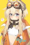  1girl :&lt; ? absurdres artist_name blonde_hair blue_eyes blush breasts commentary crop_top eyewear_on_head girls&#039;_frontline goggles goggles_on_head hair_between_eyes hair_ornament highres jacket long_hair looking_at_viewer mk3a1_(girls&#039;_frontline) mryung navel simple_background small_breasts solo speech_bubble spoken_question_mark upper_body yellow_background 