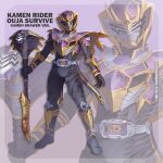  1boy advent_deck armor ashmish blood blood_stain bodysuit character_name commentary english_commentary english_text full_body helmet holding holding_scepter kamen_rider kamen_rider_ouja kamen_rider_ouja_survive kamen_rider_outsiders kamen_rider_ryuki_(series) purple_background redesign rider_belt scepter solo standing v_buckle 