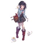  1girl animal_on_shoulder bag bangs between_breasts black_hair blue_bow blue_hair boots bow breasts cheese food full_body granblue_fantasy knee_boots light_blue_hair long_sleeves looking_at_viewer medium_hair minaba_hideo mouse official_art pleated_skirt red_eyes shoulder_bag simple_background skirt solo standing strap_between_breasts thighhighs transparent_background vikala_(granblue_fantasy) wavy_mouth white_thighhighs 
