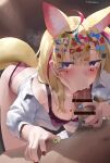  1boy 1girl :&gt;= ahoge animal_ears bangs blonde_hair blush bow breasts censored fellatio fox_ears fox_girl frikulu hair_ornament hetero highres hololive large_breasts long_hair looking_at_viewer multicolored_hair nail_polish omaru_polka oral penis pink_hair pov purple_eyes solo_focus streaked_hair tail virtual_youtuber 