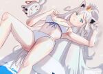  1girl animal_ear_fluff animal_ears aqua_eyes armpits bangs bra braid breasts breasts_apart commentary_request crown day demonasa ear_piercing feet_out_of_frame fox_ears fox_girl fox_tail from_above hand_in_own_hair highres hololive long_hair lying medium_breasts mini_crown nejima_kitsune_(shirakami_fubuki) on_back one-piece_swimsuit outdoors panties parted_lips partial_commentary piercing shirakami_fubuki single_braid solo stuffed_fox sunlight swimsuit tail thighs underwear underwear_only very_long_hair virtual_youtuber water white_bra white_hair white_one-piece_swimsuit white_panties 