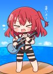  &gt;_&lt; 1girl bangs bare_shoulders barefoot black_choker blue_sky blush bocchi_the_rock! chibi choker closed_eyes cloud collarbone day electric_guitar facing_viewer flying_sweatdrops full_body gibson_les_paul guitar hair_between_eyes hana_kazari highres holding holding_instrument horizon hot_limit instrument kita_ikuyo long_hair ocean one_side_up open_mouth outdoors red_hair revealing_clothes sky solo translation_request water wavy_mouth 