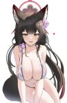  1girl absurdres animal_ear_fluff animal_ears black_hair blue_archive blush breasts cleavage collarbone dalgam12 flower fox_ears fox_tail hair_flower hair_ornament halo heart highres large_breasts leaning long_hair looking_at_viewer navel official_alternate_costume open_mouth pink_flower simple_background sitting smile solo stomach tail teeth twintails upper_teeth_only very_long_hair wakamo_(blue_archive) wakamo_(swimsuit)_(blue_archive) white_background 