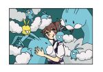  1girl :t altaria alternate_color bird blush border brown_eyes brown_hair closed_eyes crossover fluffy kaga_(kancolle) kantai_collection m0tik0 on_shoulder pokemon pokemon_(creature) pokemon_on_shoulder ponytail shiny_pokemon side_ponytail simple_background swablu tasuki upper_body 