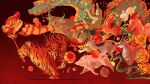  ball bird bull chicken chinese_zodiac commentary dog dragon eastern_dragon english_commentary flower goat horse jdebbiel kite lantern monkey mouse mouth_hold original paper_lantern pig rabbit red_background red_theme rooster running snake tiger yellow_flower 
