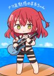  1girl bangs bare_shoulders barefoot black_choker blue_sky blush bocchi_the_rock! chibi choker closed_mouth cloud collarbone day electric_guitar empty_eyes full_body gibson_les_paul green_eyes guitar hair_between_eyes hana_kazari highres holding holding_instrument horizon hot_limit instrument kita_ikuyo long_hair looking_at_viewer ocean one_side_up outdoors red_hair revealing_clothes sky smile solo translation_request water 