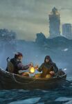  2boys boat building european_clothes game_cg gwent_(game) highres holding holding_lantern hood ice julian_alfred_pankratz lantern multiple_boys non-web_source oar outdoors rowboat rowing sitting snowing the_witcher_(series) water watercraft 