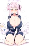  1girl aikome_(haikome) angel_wings areola_slip arm_on_thigh bangs black_scrunchie blue_archive blue_buruma blue_flower blue_jacket blush breasts buruma cleavage collarbone crescent double_bun feathered_wings flower frilled_ribbon frills hair_bun hair_flower hair_ornament hair_ribbon hair_scrunchie halo highres hot huge_breasts jacket jacket_pull knees long_sleeves looking_at_viewer low_wings mika_(blue_archive) open_clothes open_jacket open_mouth pink_hair pulled_by_self ribbon scrunchie simple_background sitting sleeves_past_wrists smile socks solo sweat thighs track_jacket wariza white_background white_ribbon white_socks white_wings wing_ornament wings yellow_eyes 