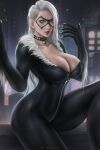  1girl black_cat_(marvel) black_choker breasts choker cityscape claws cleavage felicia_hardy highres large_breasts long_hair looking_at_viewer marvel night solo spider-man_(series) thighs white_hair wtparadise 