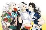  3boys absurdres ashiya_douman_(asagao-patterned_yukata)_(fate) ashiya_douman_(fate) asymmetrical_hair black_hair black_skin candy_apple casual cliff_(42961931) clone colored_skin curly_hair earrings fate/grand_order fate_(series) fingerless_gloves fingernails food gloves hair_between_eyes highres jewelry licking long_hair looking_at_viewer magatama magatama_earrings male_focus multicolored_hair multiple_boys official_alternate_costume shikigami smile split-color_hair toned toned_male two-tone_hair upper_body very_long_hair white_hair 