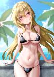  1girl absurdres arm_support bikini black_bikini blonde_hair blue_sky blurry blurry_background blush breasts cleavage collarbone groin guriguri_(43571477) head_tilt highres horizon idolmaster idolmaster_cinderella_girls kurosaki_chitose large_breasts looking_at_viewer navel outdoors palm_tree red_eyes sky smile solo stomach string_bikini sweatdrop swimsuit tree 