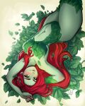  1girl absurdres batman_(series) blush chrissabug clothing_cutout colored_skin dc_comics green_eyes green_leotard green_skin highres leaf leotard long_hair looking_at_viewer lying navel pinup_(style) poison_ivy red_hair stomach_cutout thighhighs 