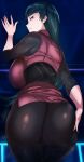  1girl ass ass_focus backboob bangs breasts cafekun closed_mouth english_commentary from_behind hand_on_own_ass large_breasts long_hair long_sleeves looking_at_viewer looking_back mixed-language_commentary pokemon pokemon_(game) pokemon_lgpe sabrina_(pokemon) solo 