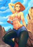  1girl abs absurdres android_18 arm_behind_head arm_support arm_up babusgames bare_arms bare_shoulders belt black_pantyhose blonde_hair blue_eyes blue_shorts blue_skirt blue_sky boots breasts brown_belt center_opening cloud covered_nipples crop_top day denim denim_shorts dragon dragon_ball dragon_ball_z earrings eastern_dragon floating_hair halterneck highres jewelry large_breasts midriff navel no_bra outdoors pantyhose parted_lips red_footwear revealing_clothes rock shenron_(dragon_ball) shorts sitting skirt sky solo_focus tank_top toned 