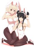  2girls :o alternate_hairstyle animal_ears arm_up armpit_crease armpits arms_up black_hair black_pantyhose blonde_hair blush bob_cut breasts brown_eyes chinese_zodiac cleavage covered_navel covered_nipples dars_(recolors) double_bun fluffy hair_bun high_heels highres inoue_takina large_breasts leotard lycoris_recoil medium_breasts multiple_girls navel nishikigi_chisato on_floor pantyhose playboy_bunny purple_eyes rabbit rabbit_ears rabbit_print rabbit_tail sitting sleeveless_turtleneck_leotard smile tail white_background white_footwear white_leotard white_rabbit_(animal) year_of_the_rabbit 