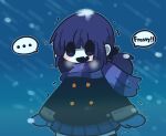  ... 1girl :d bangs black_jacket blue_mittens blue_skirt blush cold commentary_request english_text fang hair_between_eyes highres jacket long_hair long_sleeves looking_at_viewer mittens original pleated_skirt purple_eyes purple_hair purple_scarf scarf skirt sleeves_past_wrists smile snow_on_head snowing solo spoken_ellipsis striped striped_scarf trembling uni_souchou 