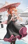  1girl absurdres bangs black_skirt blush breasts character_request commentary_request highres holding holding_umbrella korean_clothes last_origin long_hair long_sleeves looking_at_viewer medium_breasts official_alternate_costume open_mouth orange_hair outdoors pantyhose red_eyes skirt smile snow sogogy solo standing umbrella underboob 