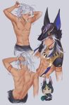  2boys abs animal_ears animal_hat arabian_clothes arms_up bangs black_headwear black_pants blush chibi chibi_inset closed_mouth cyno_(genshin_impact) dark-skinned_male dark_skin genshin_impact ggelus gold_trim grey_background grey_hair hair_over_one_eye hat high_ponytail highres jackal_ears jewelry long_hair looking_at_viewer male_focus multiple_boys multiple_views muscular muscular_male navel necklace one_eye_covered pants parted_bangs ponytail red_eyes short_sleeves sidelocks simple_background standing stomach sweatdrop swept_bangs tighnari_(genshin_impact) topless_male tying_hair 