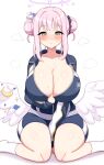  1girl aikome_(haikome) angel_wings arm_on_thigh bangs black_scrunchie blue_archive blue_buruma blue_flower blue_jacket blush breasts buruma cleavage closed_mouth collarbone crescent double_bun feathered_wings flower frilled_ribbon frills hair_bun hair_flower hair_ornament hair_ribbon hair_scrunchie halo highres hot huge_breasts jacket jacket_pull knees long_sleeves looking_at_viewer low_wings mika_(blue_archive) open_clothes open_jacket pink_hair pulled_by_self ribbon scrunchie simple_background sitting sleeves_past_wrists smile socks solo sweat thighs track_jacket wariza white_background white_ribbon white_socks white_wings wing_ornament wings yellow_eyes 