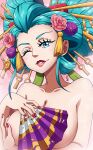  1girl bare_shoulders blue_eyes blue_hair breasts covering covering_breasts flower_ornament grin hair_ornament highres kouzuki_hiyori large_breasts lipstick makeup oiran one_eye_closed one_piece scott_bennett smile topless upper_body 