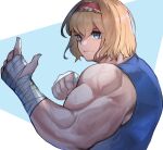  1girl absurdres alice_margatroid bangs biceps blonde_hair blue_background blue_eyes blue_shirt clenched_hand closed_mouth commentary_request cookie_(touhou) frilled_hairband frills hair_between_eyes hairband highres muscular muscular_female okasan01 red_hairband sakuranbou_(cookie) shirt short_hair sleeveless sleeveless_shirt solo touhou two-tone_background upper_body v-shaped_eyebrows white_background wrist_wrap 