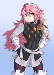  1girl armor bangs closed_mouth confusedsnowman cowboy_shot fire_emblem fire_emblem_fates gambeson gloves hair_between_eyes hairband hands_on_hips highres long_hair long_sleeves looking_at_viewer pink_eyes pink_hair shoulder_armor smile soleil_(fire_emblem) solo twitter_username white_gloves white_hairband 