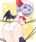  1girl :o ascot ass bat_wings bdsm blonde_hair blue_hair blush bondage bound bow cameltoe cleft_of_venus embodiment_of_scarlet_devil fang from_behind hat hat_ribbon heart looking_at_viewer mob_cap nose_blush open_mouth panties pink_headwear pink_shirt puffy_short_sleeves puffy_sleeves red_ascot red_eyes red_ribbon remilia_scarlet ribbon rizento shirt short_hair short_sleeves solo sweatdrop thighs touhou underwear white_panties wings yellow_background 