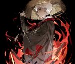  1boy adjusting_clothes adjusting_headwear black_background blonde_hair commentary eeju emiya_shirou fate/grand_order fate_(series) from_side hand_up haori highres japanese_clothes katana long_sleeves looking_at_viewer male_focus mouth_hold parted_lips sandogasa senji_muramasa_(fate) short_hair sleeves_past_wrists solo stalk_in_mouth sword twitter_username weapon white_hair wide_sleeves 