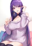  1girl absurdres bangs bare_shoulders blush breasts cleavage contemporary genshin_impact glasses haneramu highres large_breasts long_hair long_sleeves looking_at_viewer mole mole_under_eye off-shoulder_sweater off_shoulder open_mouth purple_eyes purple_hair raiden_shogun smile solo sweater thighhighs thighs very_long_hair 