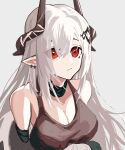  1girl absurdres arknights bangs bare_shoulders breasts brown_shirt cleavage closed_mouth collar earrings grey_background grey_hair highres horns infection_monitor_(arknights) jewelry large_breasts long_hair mudrock_(arknights) pointy_ears red_eyes shirt simple_background solo tank_top upper_body user_mwux4234 