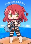  1girl :d bangs bare_shoulders barefoot black_choker blue_sky blush bocchi_the_rock! chibi choker cloud collarbone commentary_request day electric_guitar full_body gibson_les_paul green_eyes guitar hair_between_eyes hana_kazari highres holding holding_instrument horizon hot_limit instrument kita_ikuyo long_hair ocean one_side_up outdoors red_hair revealing_clothes sky smile solo translation_request water 