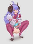  1girl :d ahoge anon_bardos bangs braid clenched_hands closed_eyes fur_collar gloves grey_background hair_between_eyes hands_up highres hooves horns kindred_(league_of_legends) lamb_(league_of_legends) league_of_legends long_hair long_sleeves pee peeing pink_gloves pink_thighhighs pussy second-party_source simple_background smile solo spirit_blossom_kindred squatting teeth thighhighs tongue twin_braids upper_teeth_only 