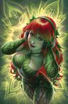  1girl breasts cleavage colored_skin dc_comics green_eyes green_skin headphones leaf long_hair looking_at_viewer paisley poison_ivy red_hair simple_background solo warren_louw 