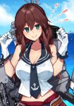  1girl anchor_symbol bangs belt braid breasts brown_hair cannon cleavage gloves green_eyes highres kantai_collection katsuobushi_(eba_games) large_breasts looking_at_viewer machinery midriff necktie noshiro_(kancolle) ocean pleated_skirt red_skirt rigging school_uniform serafuku skirt smokestack solo swept_bangs turret twin_braids water white_gloves 