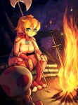  1boy 1girl babusgames blonde_hair blue_eyes bonfire_(dark_souls) boots breasts crown dark_souls_(series) dark_souls_i fire fire_pit firelink_shrine gloves halberd highres holding holding_polearm holding_weapon large_breasts long_hair looking_at_viewer mario_(series) night night_sky outdoors polearm ponytail princess_peach sitting sky star_(sky) starry_sky sword the_super_mario_bros._movie toad_(mario) weapon 