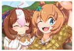  2girls :3 ;d ^_^ ahoge animal animal_ears blue_eyes breasts brown_hair cat closed_eyes commentary facing_viewer hair_between_eyes hair_ornament highres holding holding_animal holding_cat horse_ears horse_girl large_breasts light_brown_hair meisho_doto_(umamusume) meto_(cat) multicolored_hair multiple_girls one_eye_closed plaid plaid_shirt ponytail real_life shirt short_hair smile star_(symbol) star_hair_ornament sweater taiki_shuttle_(umamusume) two-tone_hair umamusume white_hair white_sweater ys_0929 